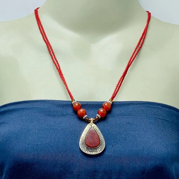 Red Beaded Pendant Necklace, Ethnic Unique Necklace, Beaded Chain Handmade - Picture 2 of 8